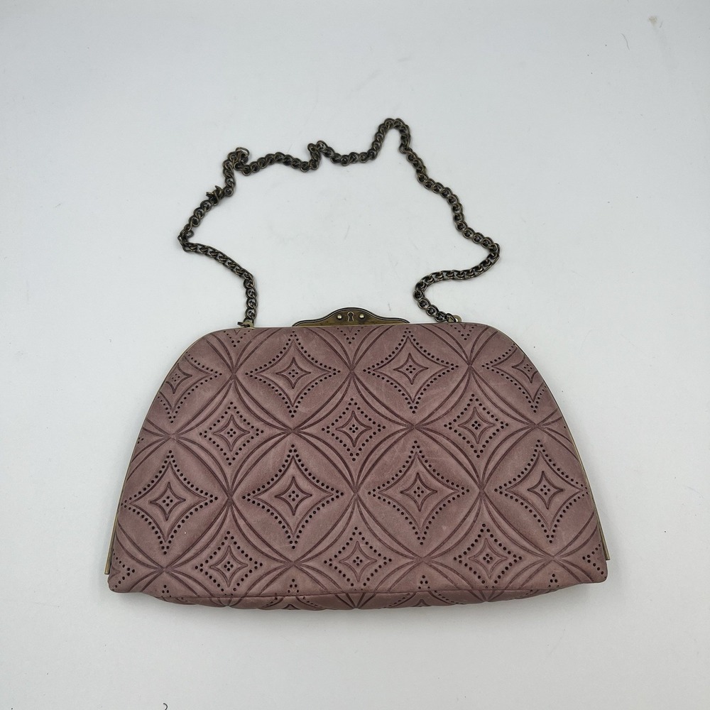 Fossil Revival Leather Geometric Embossed Clutch Shoulder Bag Mauve Brass Chain